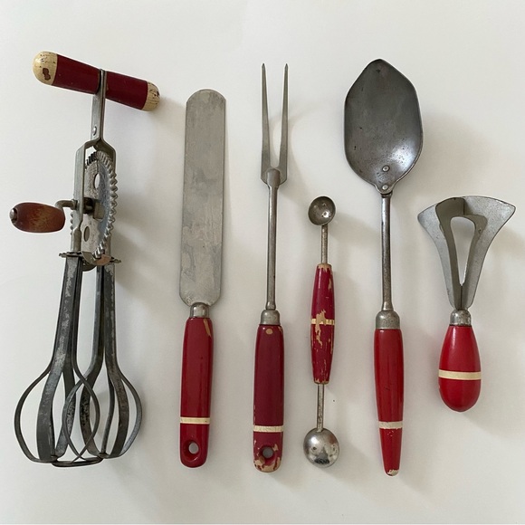 Vintage Other - 6 Vintage Red w/ Yellow Stripe Wood Handle Utensils Beater Meat Fork Melon Scoop